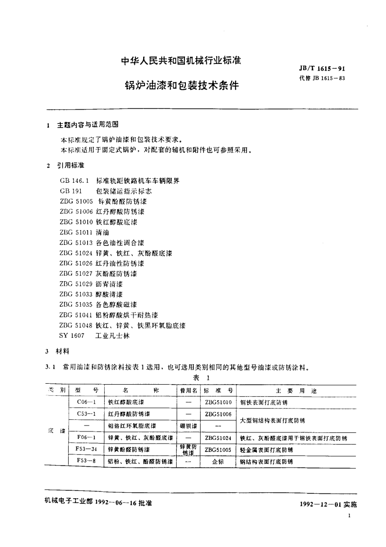 JBT1615-91锅炉油漆和包装技术条件