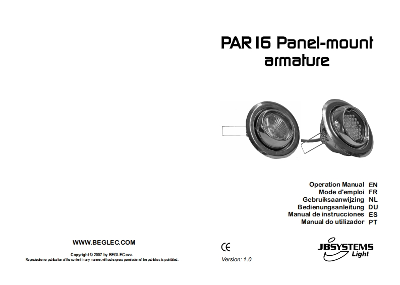 JB_PAR_16_Panel_Mount_Armature_使用说明书手册