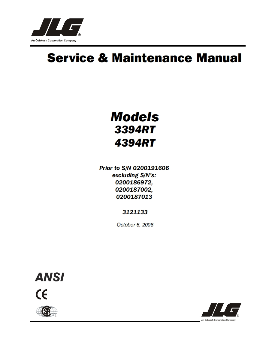 JLG3394RT4394RTbeforeserial0200191606维修维护操作手册说明书