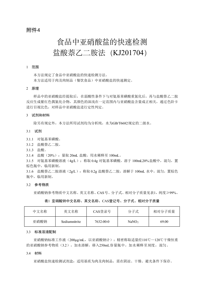 KJ201704食品中亚硝酸盐的快速检测盐酸萘乙二胺法