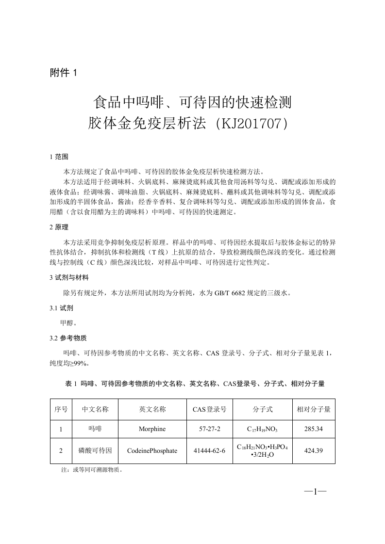 KJ201707食品中吗啡、可待因的快速检测胶体金免疫层析法