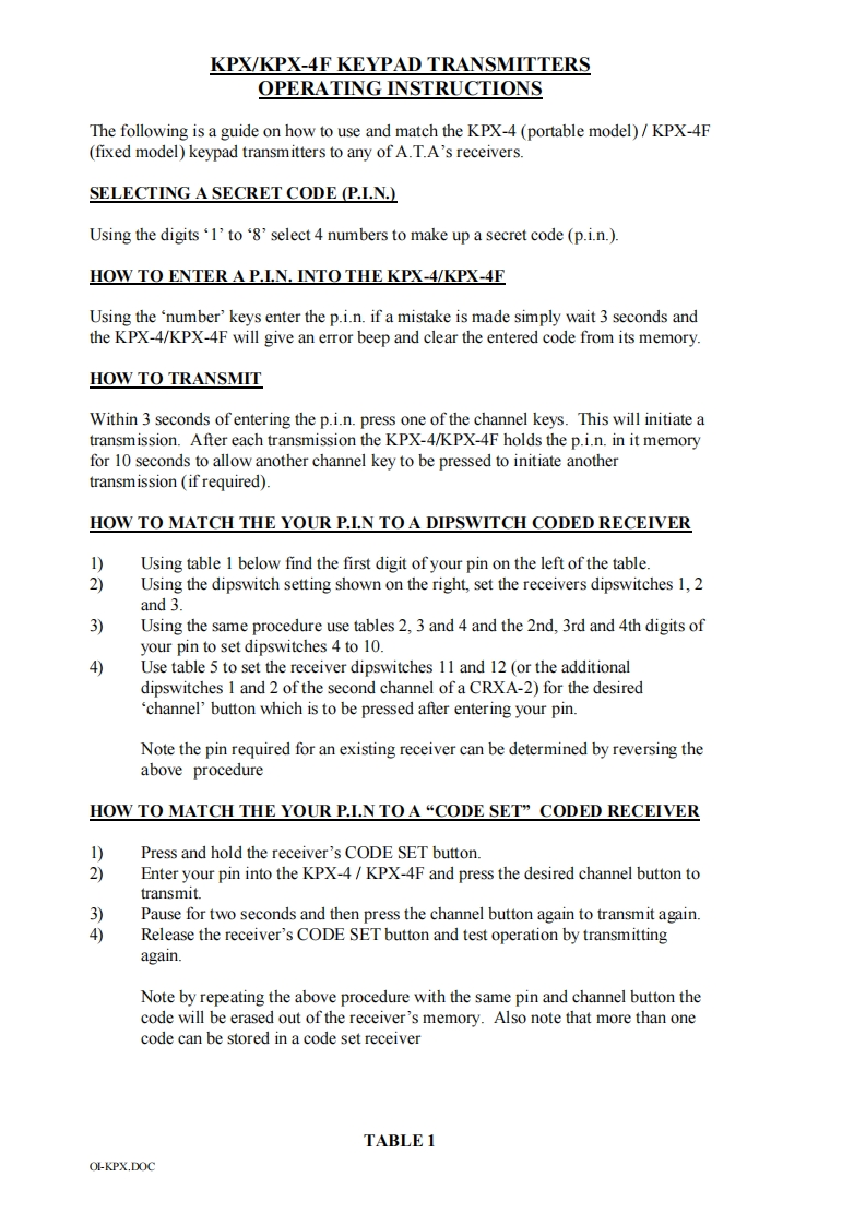 KPX-4-27mhz-Wireless-Keypad-操作说明书手册