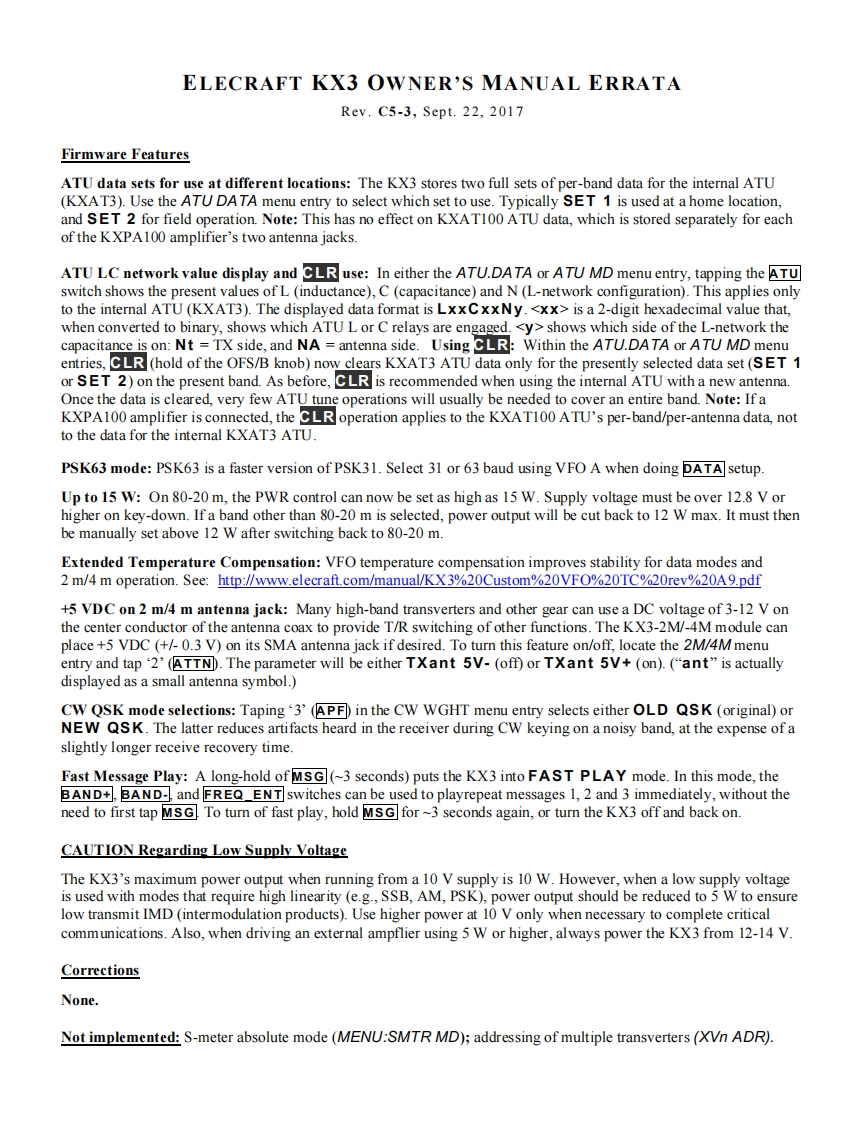 KX3-Owner-Manual-Errata操作说明书手册