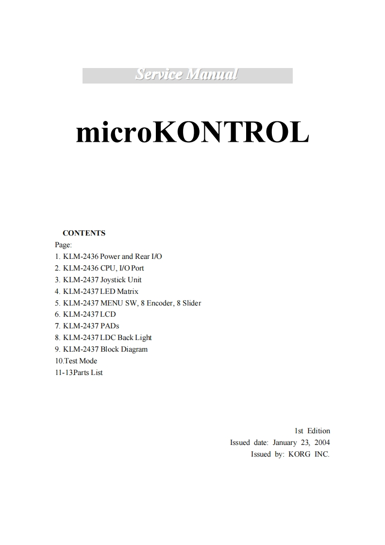 Korg_MicroKontrol_Service_Manual维修服务手册含电器原理图