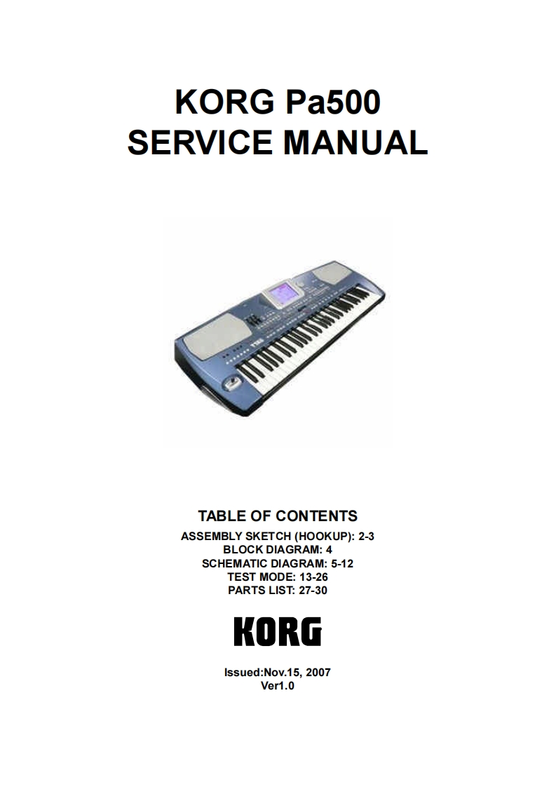 Korg_Pa500_Service_Manual维修服务手册含电器原理图