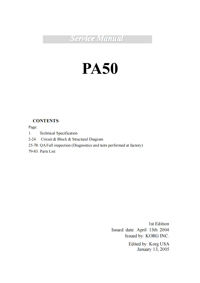 Korg_Pa50_Service_Manual维修服务手册含电器原理图
