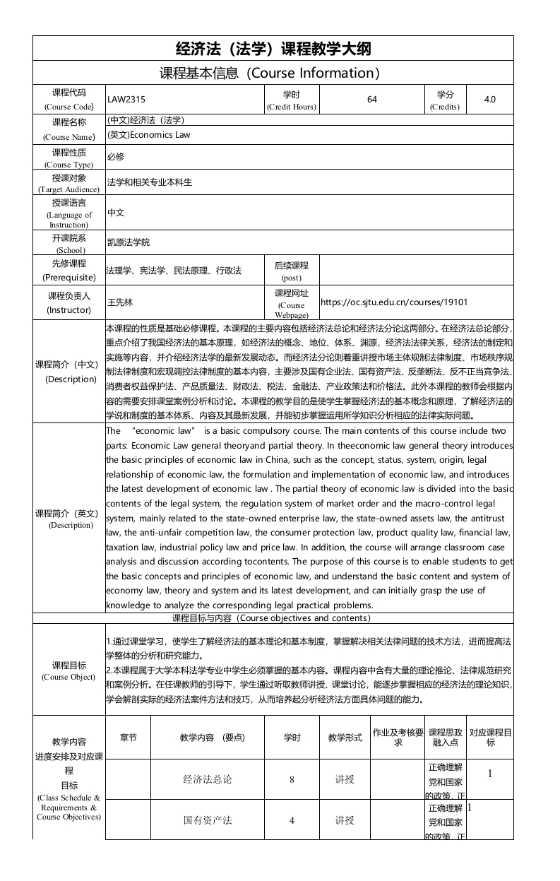 LAW2315经济法（法学）课程教学大纲