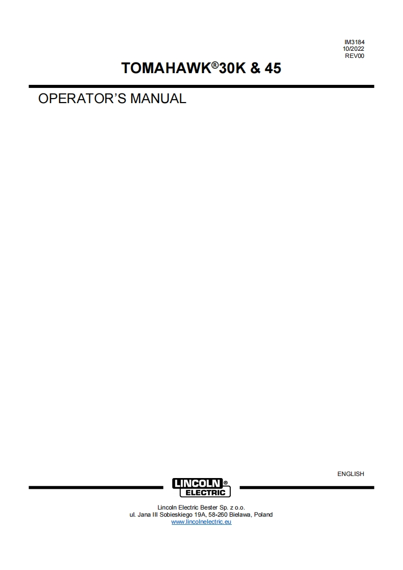 LINCOLN-TOMAHAWK-30K-45-Operators-Manual操作说明书手册