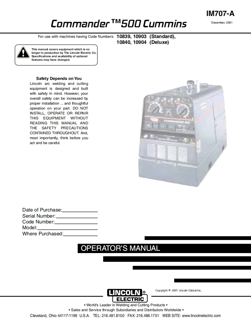 LINCOLN林肯电焊机Commander-500-Cummins操作说明书手册