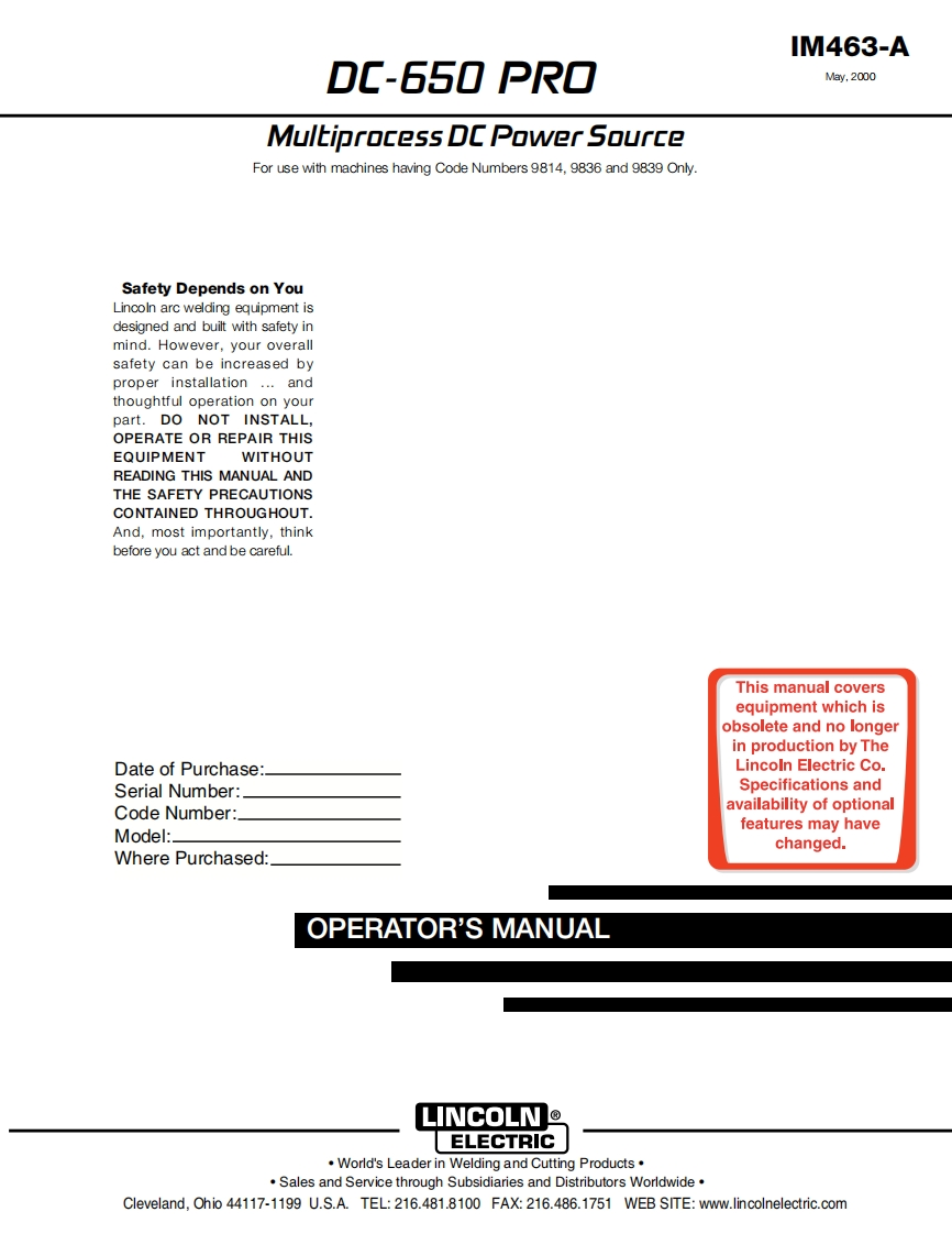 LINCOLN林肯电焊机DC-650-PRO操作说明书手册