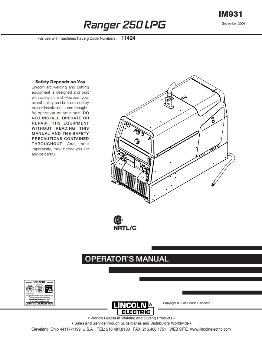 LINCOLN林肯电焊机Ranger-250-LPG操作说明书手册
