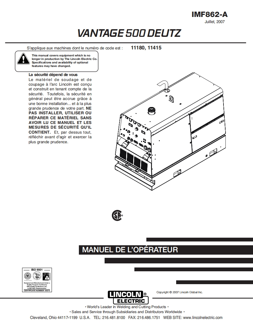 LINCOLN林肯电焊机VANTAGE-500-DEUTZ操作说明书手册