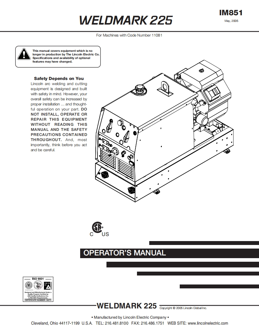 LINCOLN林肯电焊机WELDMARK-225操作说明书手册
