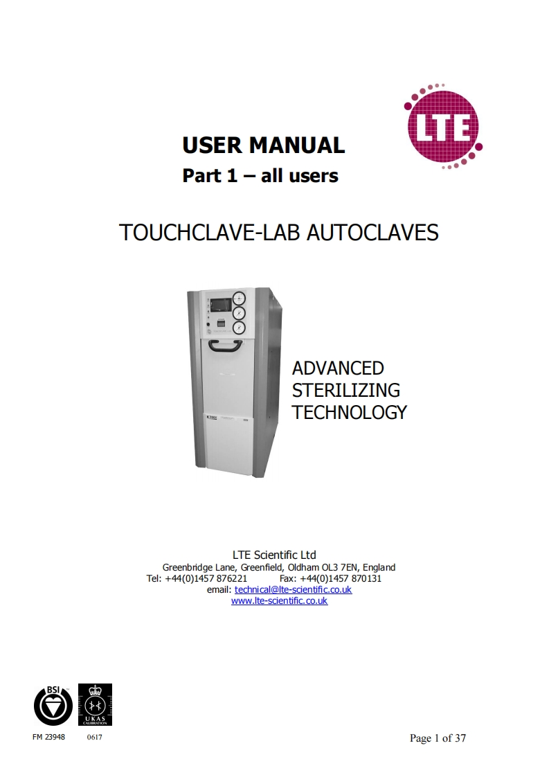 LTE_Autoclaves_Floor_Standing_Front_Loading_TouchClave-Lab_Series_操作说明书手册