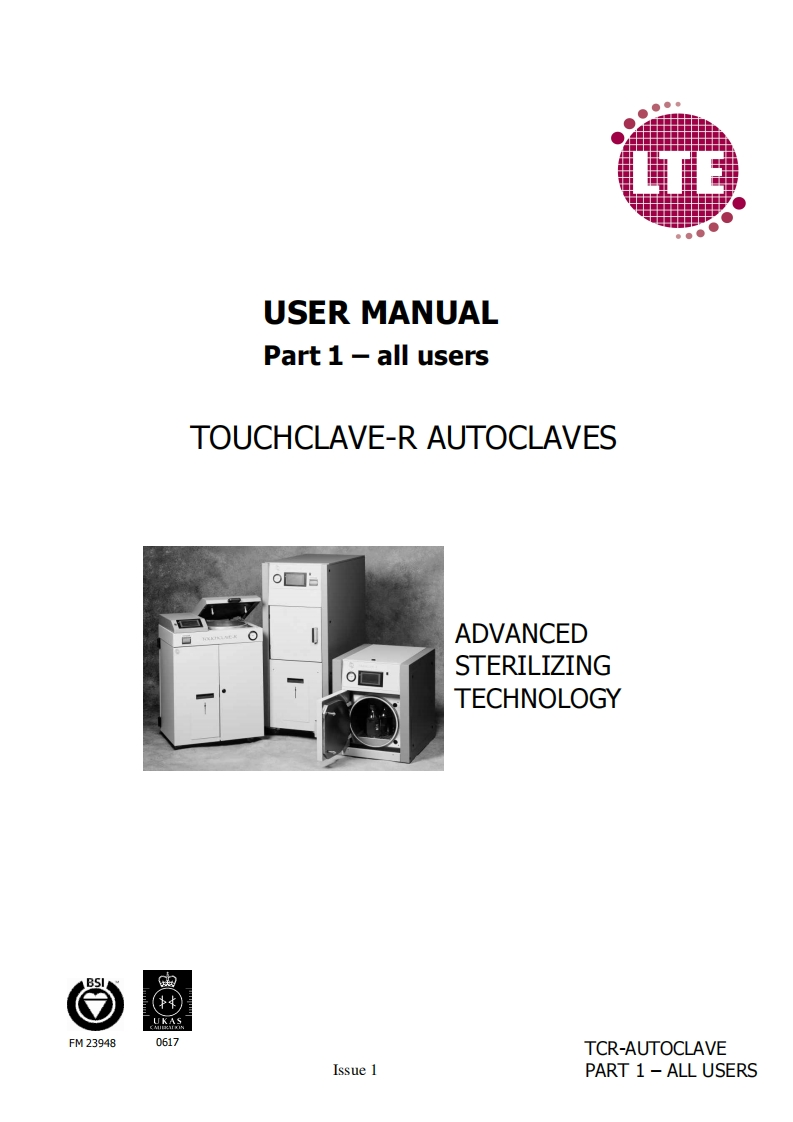 LTE_Autoclaves_Floor_Standing_Front_Loading_TouchClave-R_Series_操作说明书手册