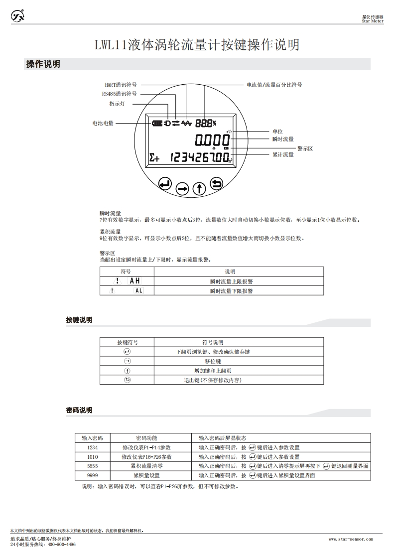 LWL11液体涡轮流量计按键操作说明