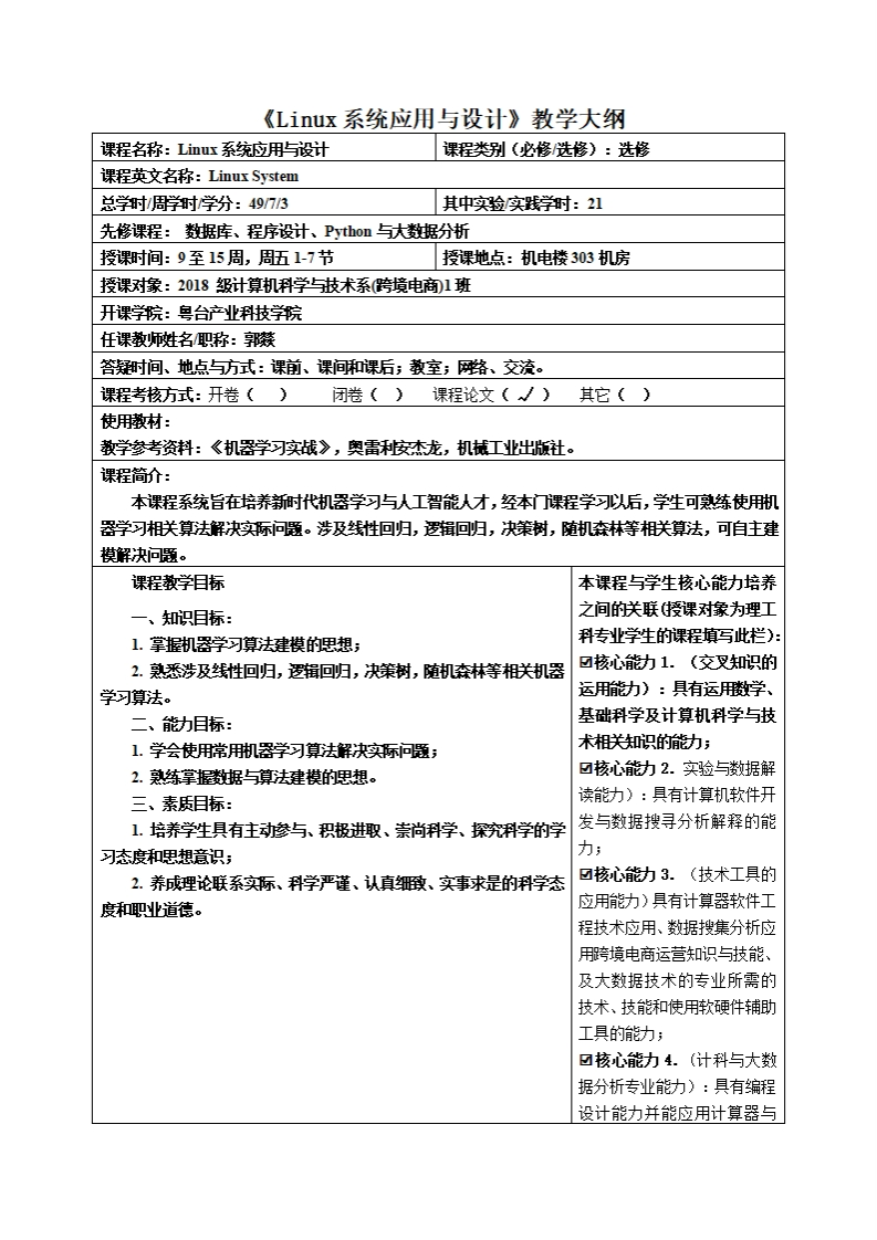 Linuz系统应用与设计教学大纲程名称_Linux系统应用与设计课程类别(必修_选修)_选修