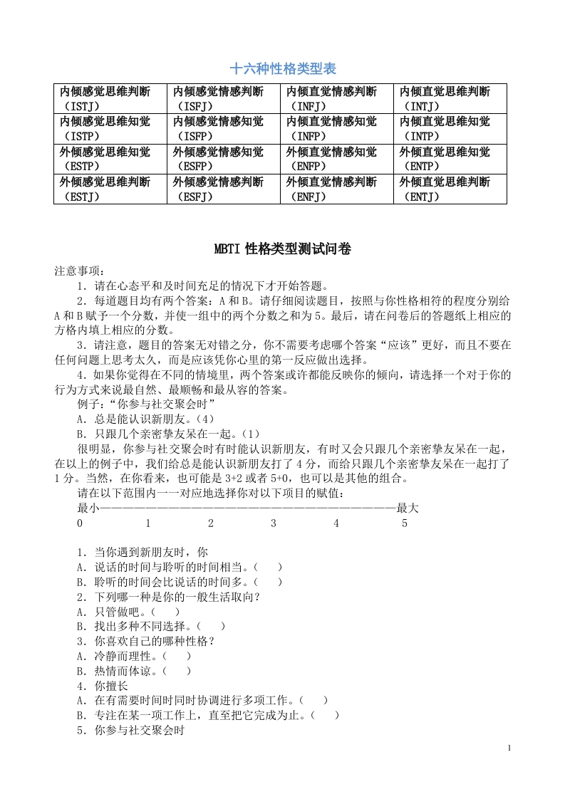 MBTI职业性格测试及解析(最完整版)