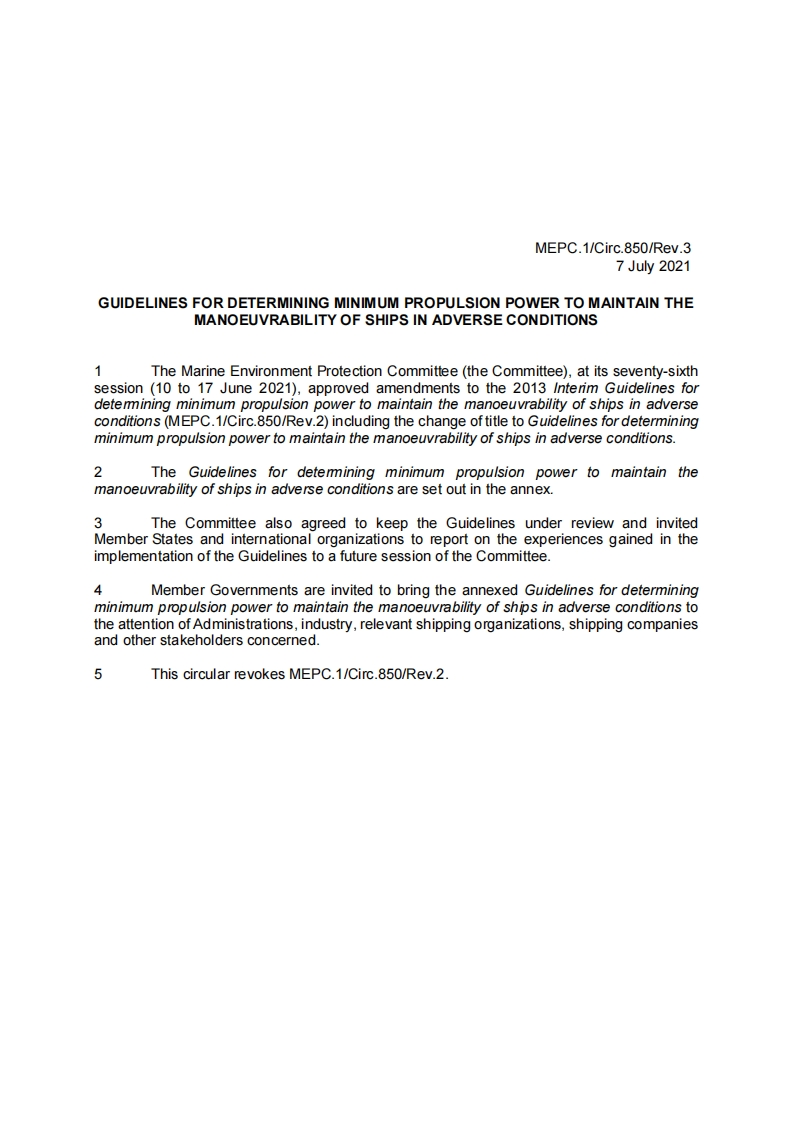 MEPC.1-Circ.850-Rev.3？-？Guidelines？For？Determining？Minimum？Propulsion？Power？To？Maintain？The？Manoeuvrability？Of？Shi...？(Secretariat)