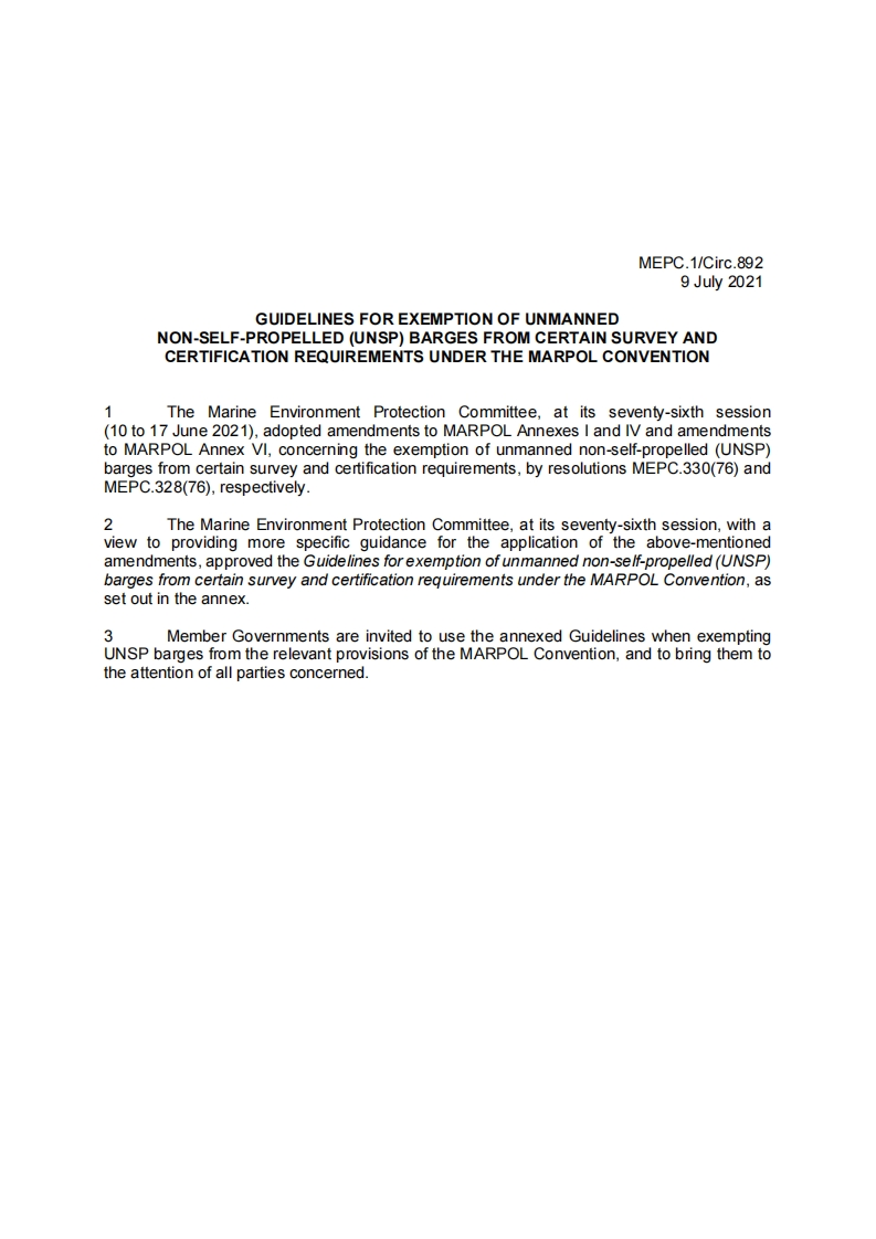 MEPC.1-Circ.892？-？Guidelines？For？Exemption？Of？Unmanned？Non-Self-Propelled？(Unsp)？Barges？From？Certain？Survey...？(Secretariat)