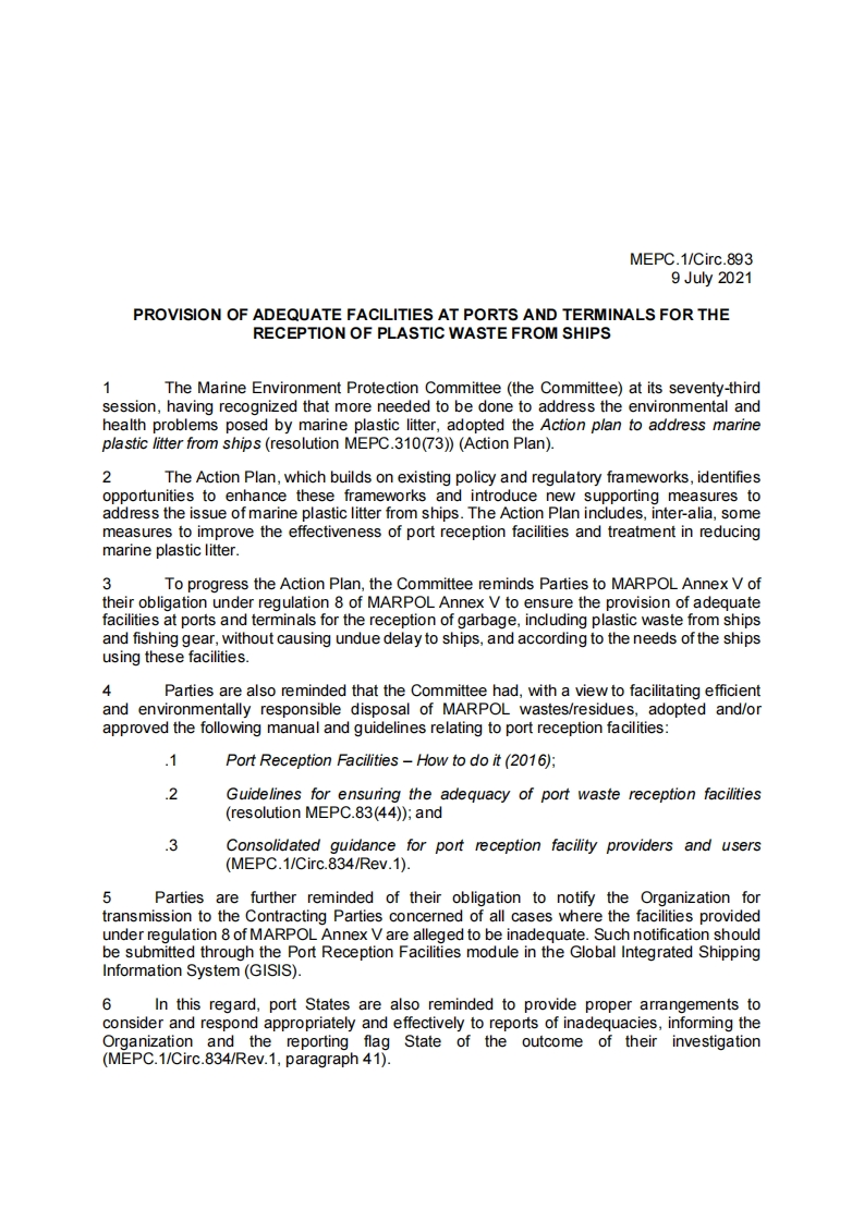 MEPC.1-Circ.893？-？Provision？Of？Adequate？Facilities？At？Ports？And？Terminals？For？TheReception？Of？Plastic？Waste...？(Secretariat)