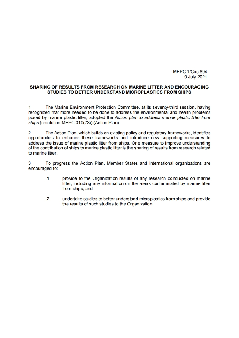 MEPC.1-Circ.894？-？Sharing？Of？Results？From？Research？On？Marine？Litter？And？EncouragingStudies？To？Better？Underst...？(Secretariat)