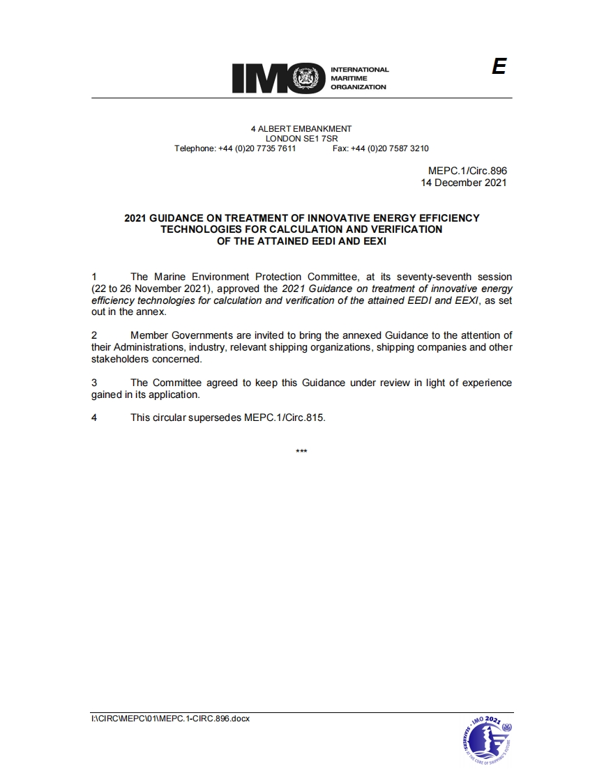 MEPC.1-Circ.896-2021GuidanceOnTreatmentOfInnovativeEnergyEfficiencyTechnologiesForCalculationAn...(Secretariat)