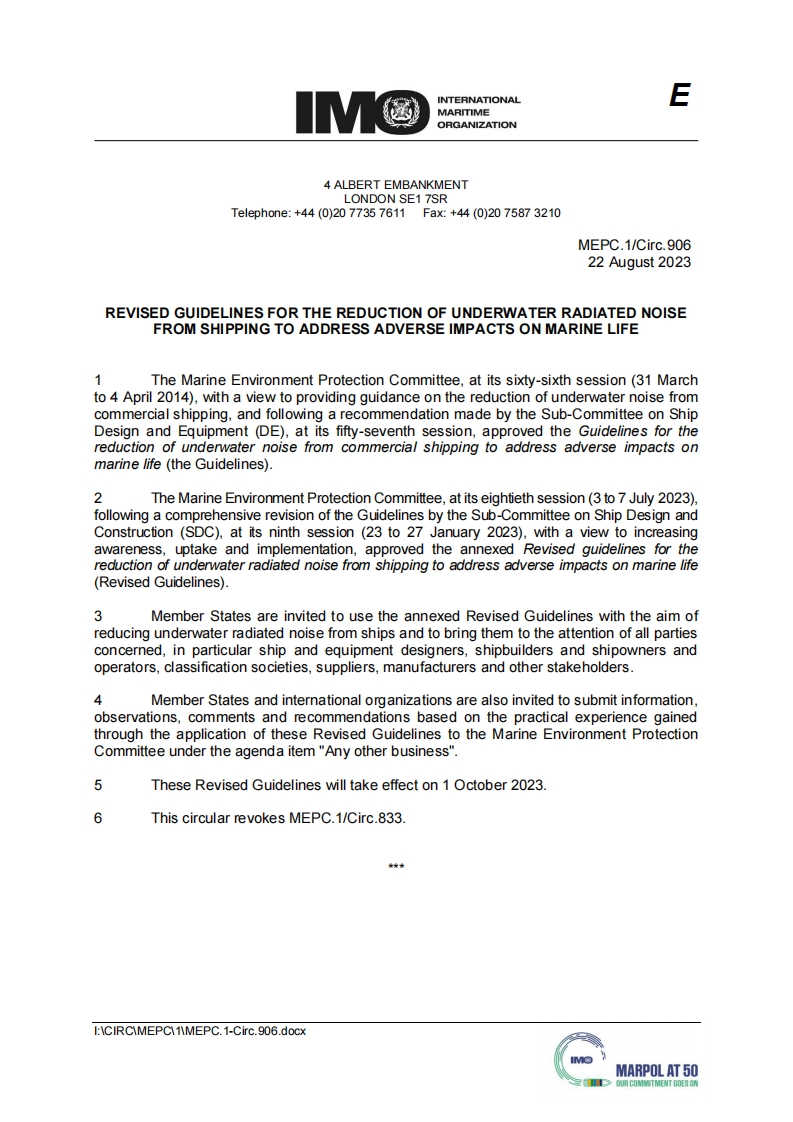 MEPC.1-Circ.906-Revisedguidelinesforthereductionofunderwaterradiatednoisefromshippingtoaddressadverseimpactsonmarinelife