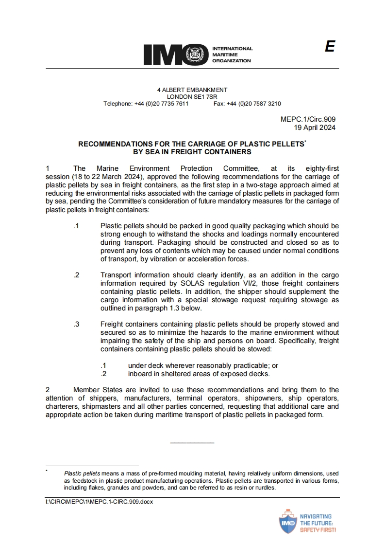 MEPC.1-Circ.909？-？Recommendations？For？The？Carriage？Of？Plastic？PelletsBy？Sea？In？Freight？Containers？