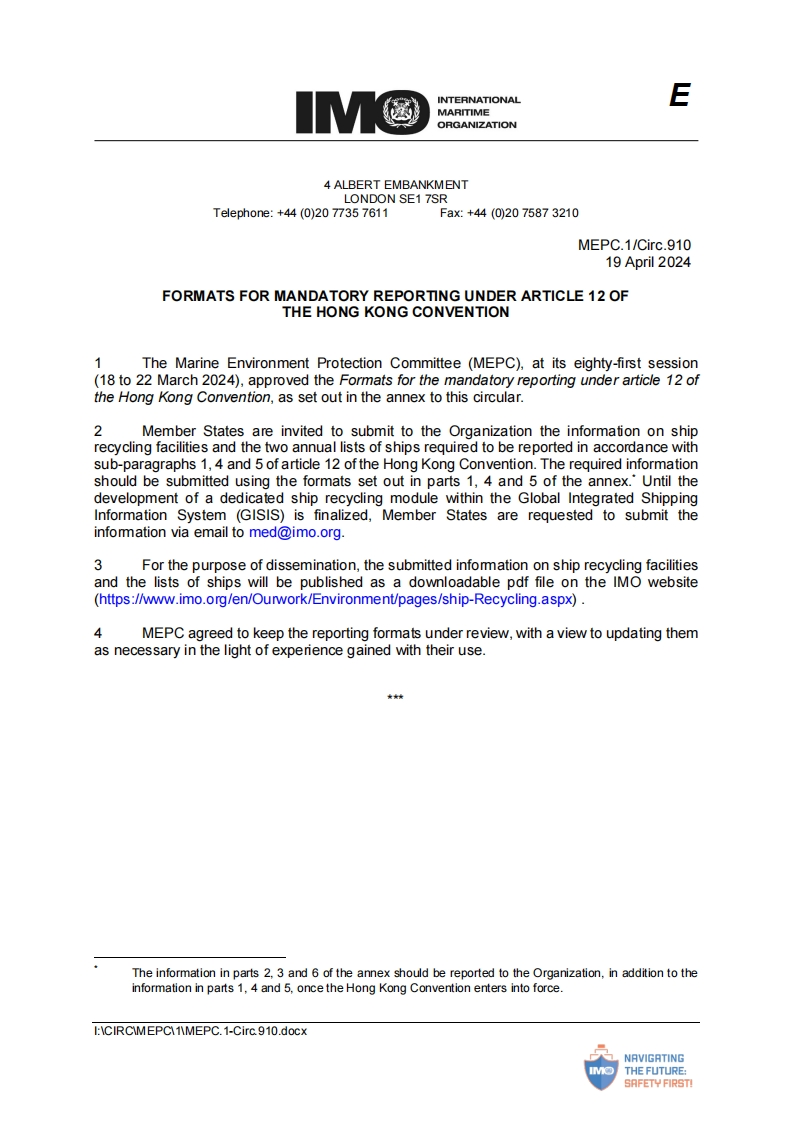 MEPC.1-Circ.910？-？Formats？For？Mandatory？Reporting？Under？Article？12？Of？The？Hong？Kong？Convention