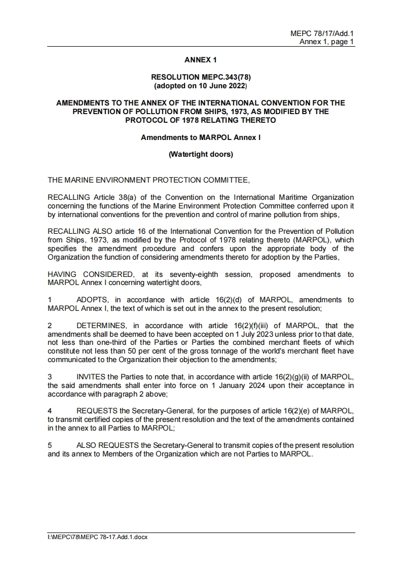 MEPC.343(78)-AmendmentstoMARPOLAnnexI(Watertightdoors)
