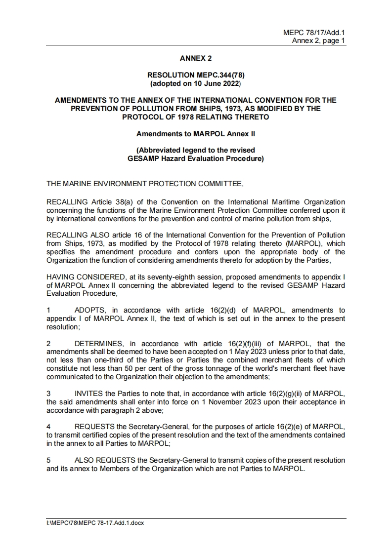 MEPC.344(78)-AmendmentstoMARPOLAnnexII(AbbreviatedlegendtotherevisedGESAMPHazardEvaluationProcedure)