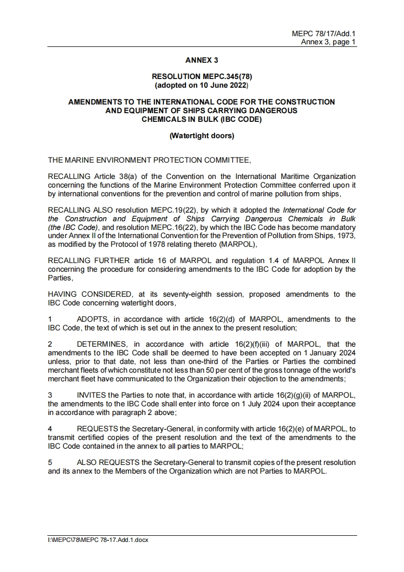 MEPC.345(78)-AmendmentstoIBCCode(Watertightdoors)