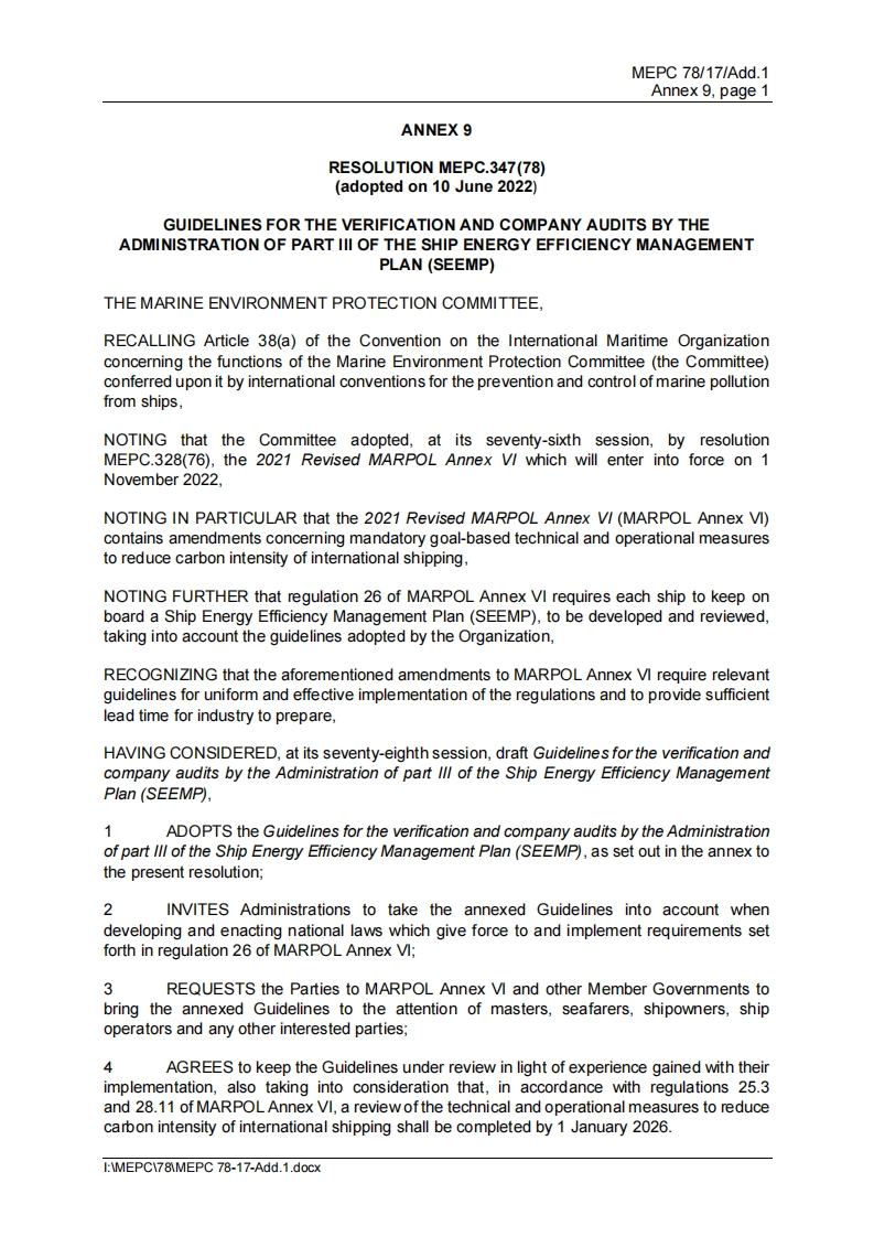 MEPC.347(78)-GuidelinesfortheVerificationandCompanyAuditsbytheAdministrationofPartIIIoftheShipEnergyEfficiencyManagement(SEEMP)