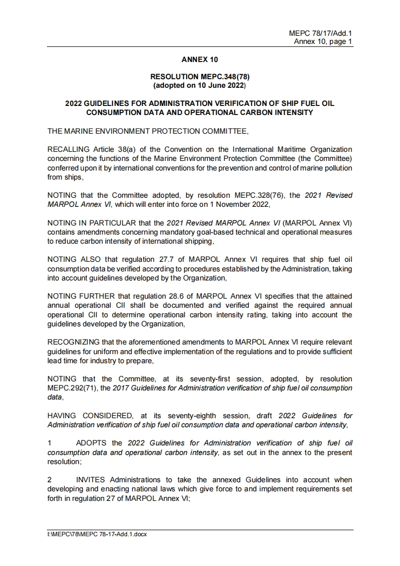 MEPC.348(78)-2022GuidelinesforAdministrationVerificationofShipFuelOilConsumptionDataandOperationalCarbonIntensity