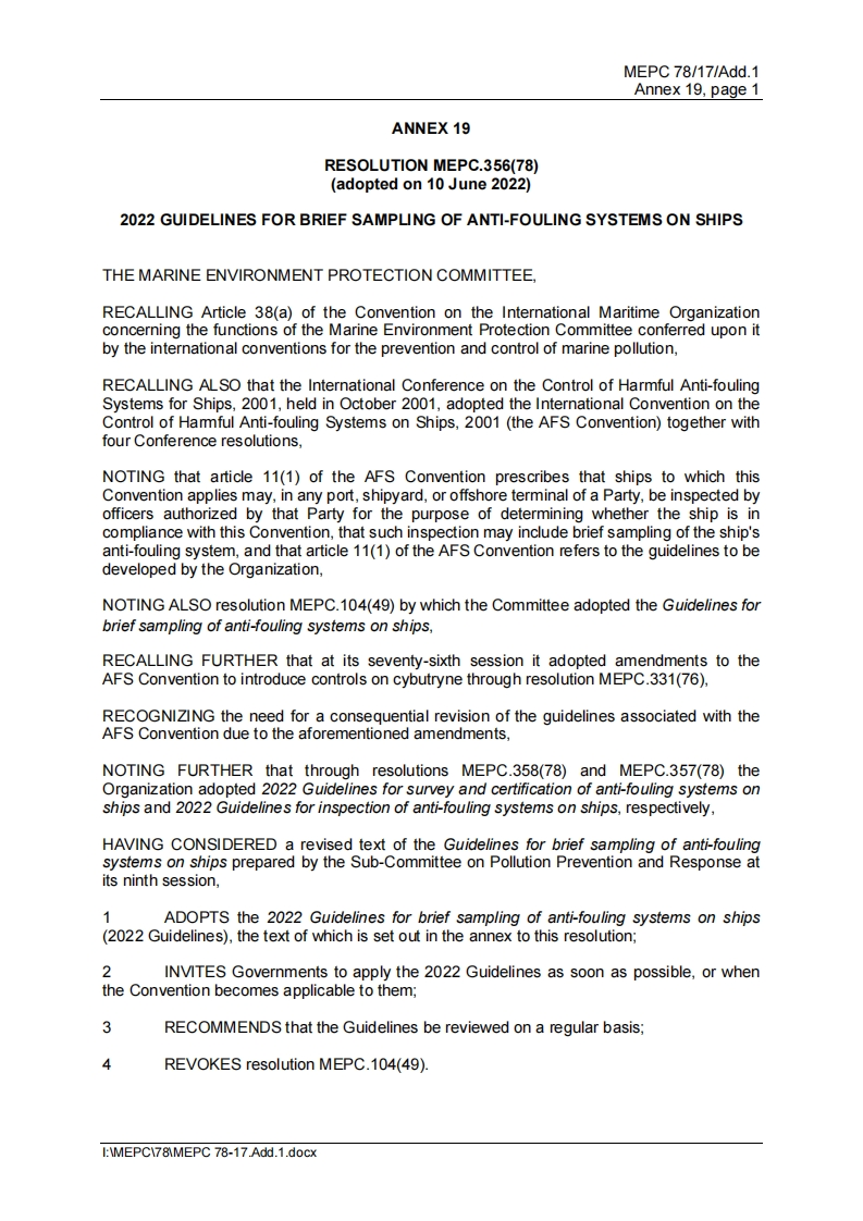 MEPC.356(78)-2022GuidelinesforBriefSamplingofAnti-FoulingSystemsonShips