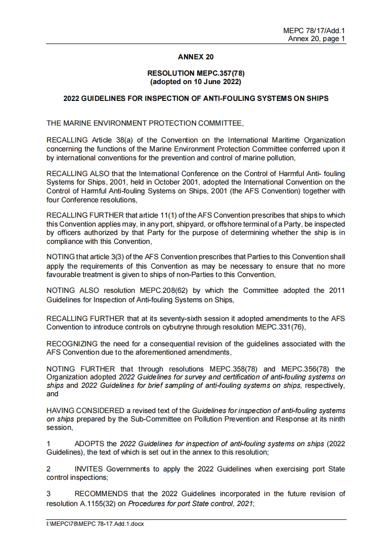 MEPC.357(78)-2022GuidelinesforInspectionofAnti-FoulingSystemsonShips