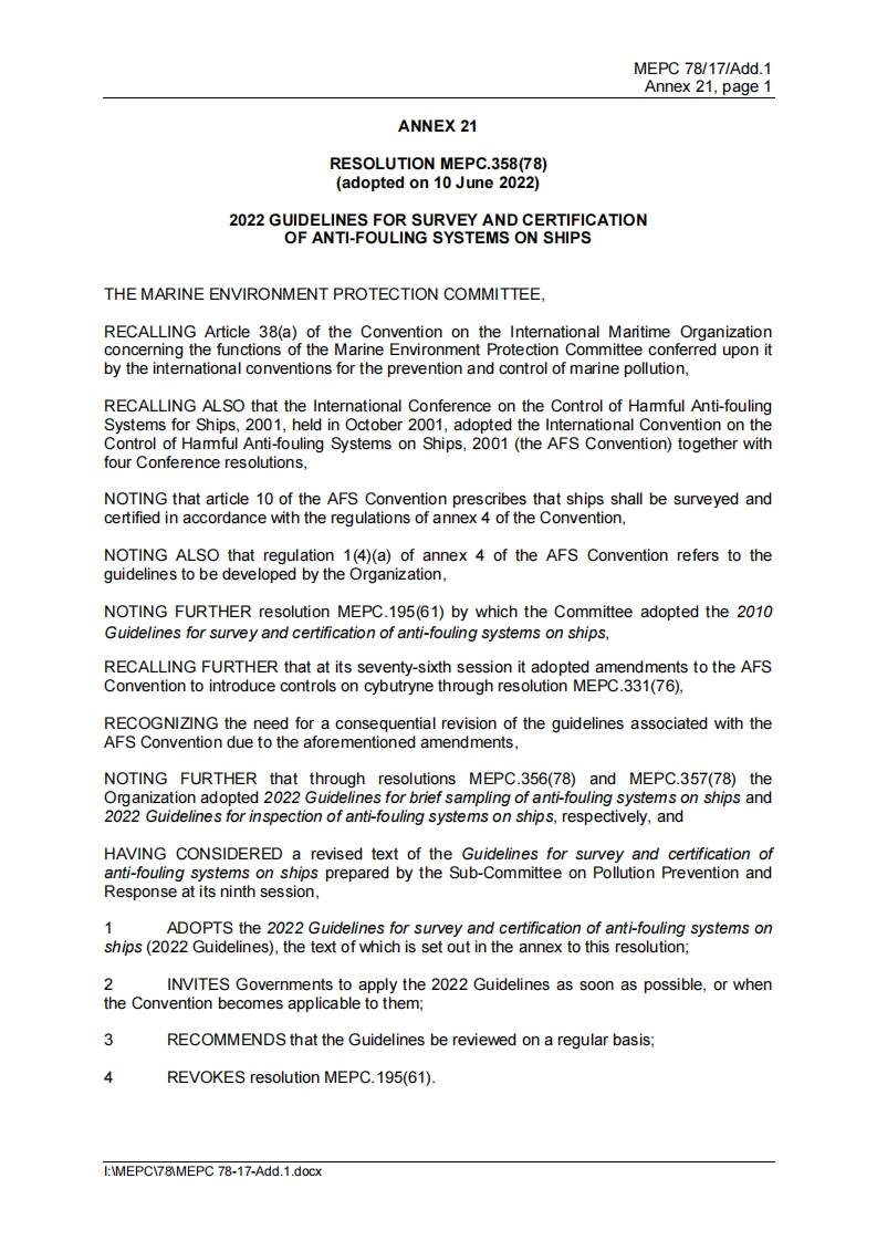 MEPC.358(78)-2022GuidelinesforSurveyandCertificationofAnti-FoulingSystemsonShips