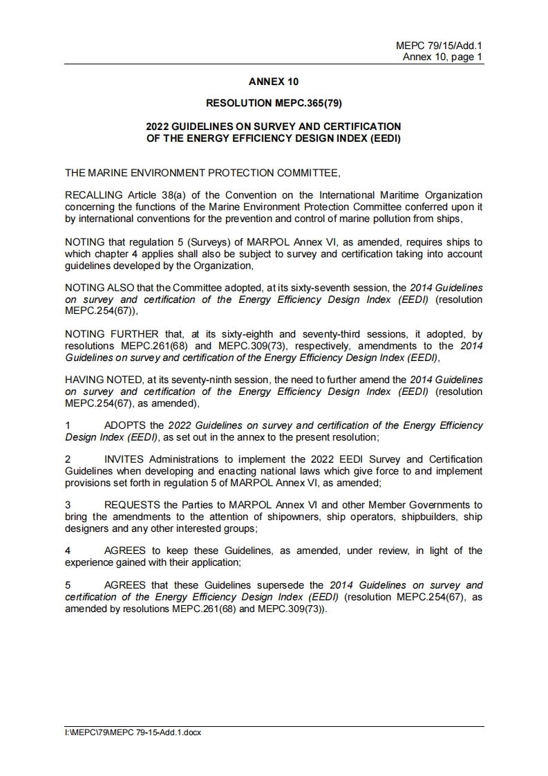 MEPC.365(79)-？2022？Guidelines？on？survey？and？certification？of？the？Energy？Efficiency？Design？Index？(EEDI)