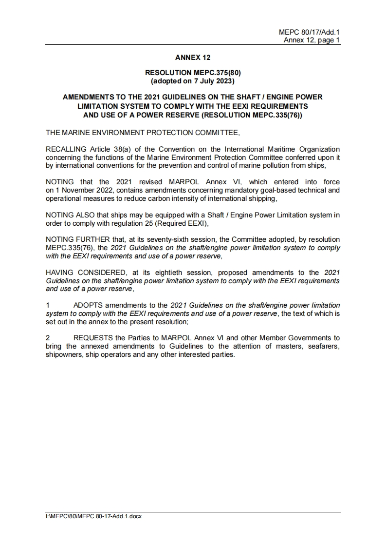 MEPC.375(80)-Amendmentstothe2021GuidelinesontheshaftenginepowerlimitationsystemtocomplywiththeEEXIrequirementsanduseofapowerreserve