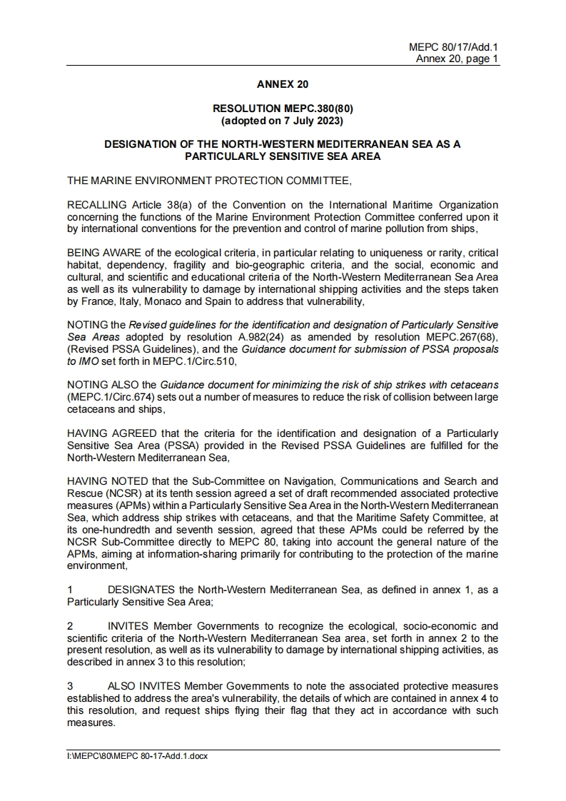 MEPC.380(80)-DesignationoftheNorth-WesternMediterraneanSeaasaParticularlySensitiveSeaArea(PSSA)