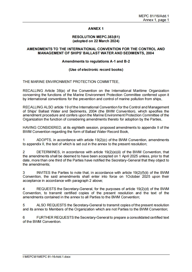 MEPC.383(81)？-？Amendments？to？the？BWM？Convention(Use？of？electronic？record？books)