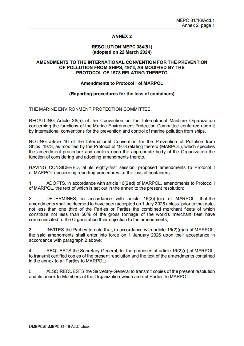 MEPC.384(81)？-？Amendments？to？Protocol？I？of？MARPOL？(Reporting？procedures？for？the？loss？of？containers)