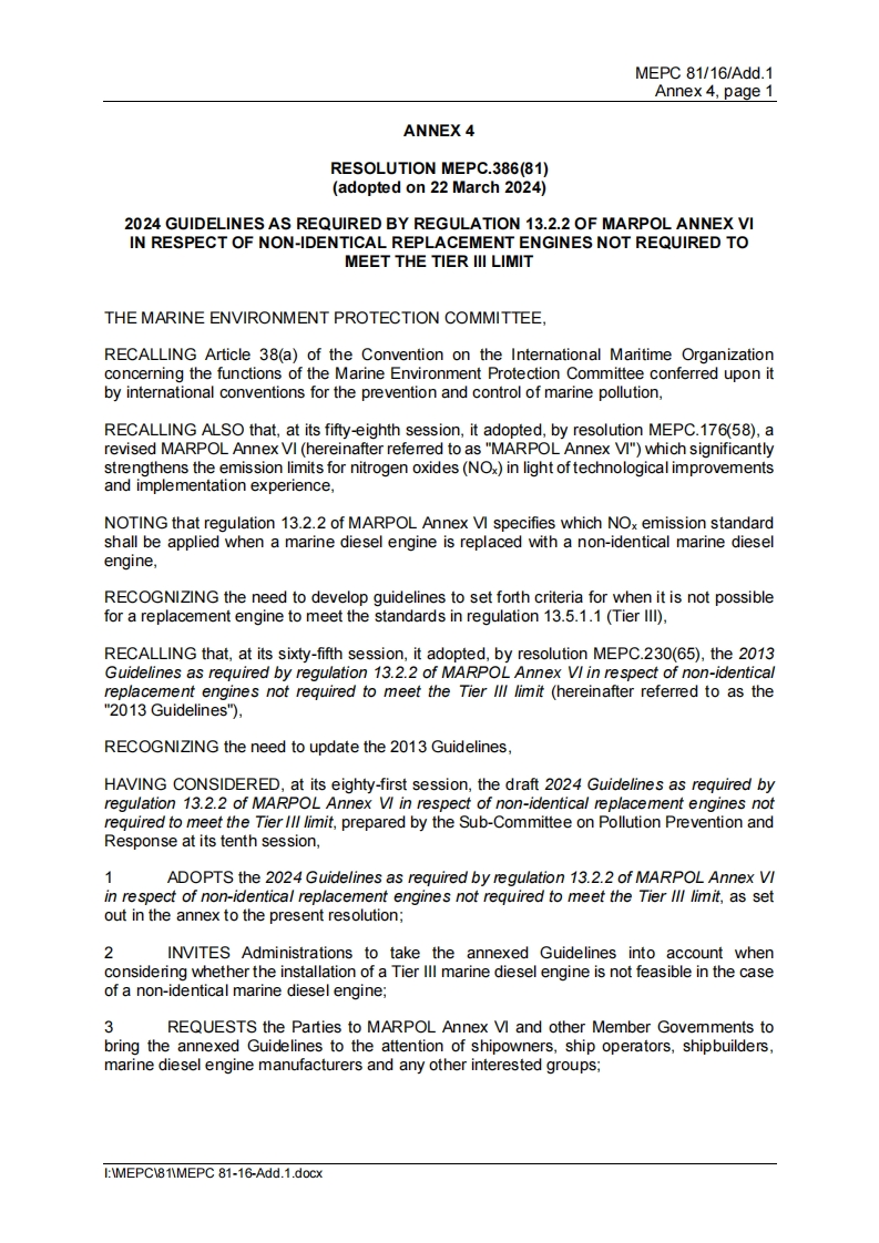 MEPC.386(81)？-？2024？Guidelines？as？required？by？regulation？13.2.2？of？MARPOL？Annex？VI？in？respect？of？non-identical？replacement？engines？not？required？to？meet？the？Tier？III？limit