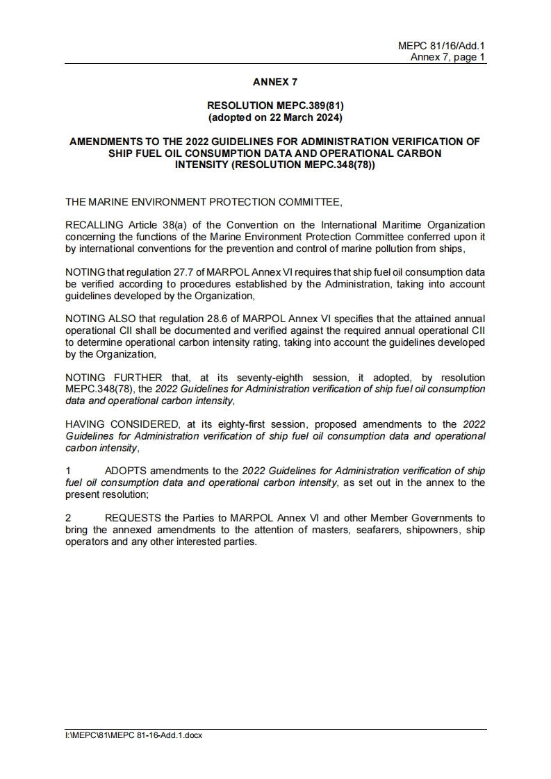 MEPC.389(81)？-？Amendments？to？the？2022？Guidelines？for？Administration？verification？of？ship？fuel？oil？consumption？data？and？operational？carbon？intensity