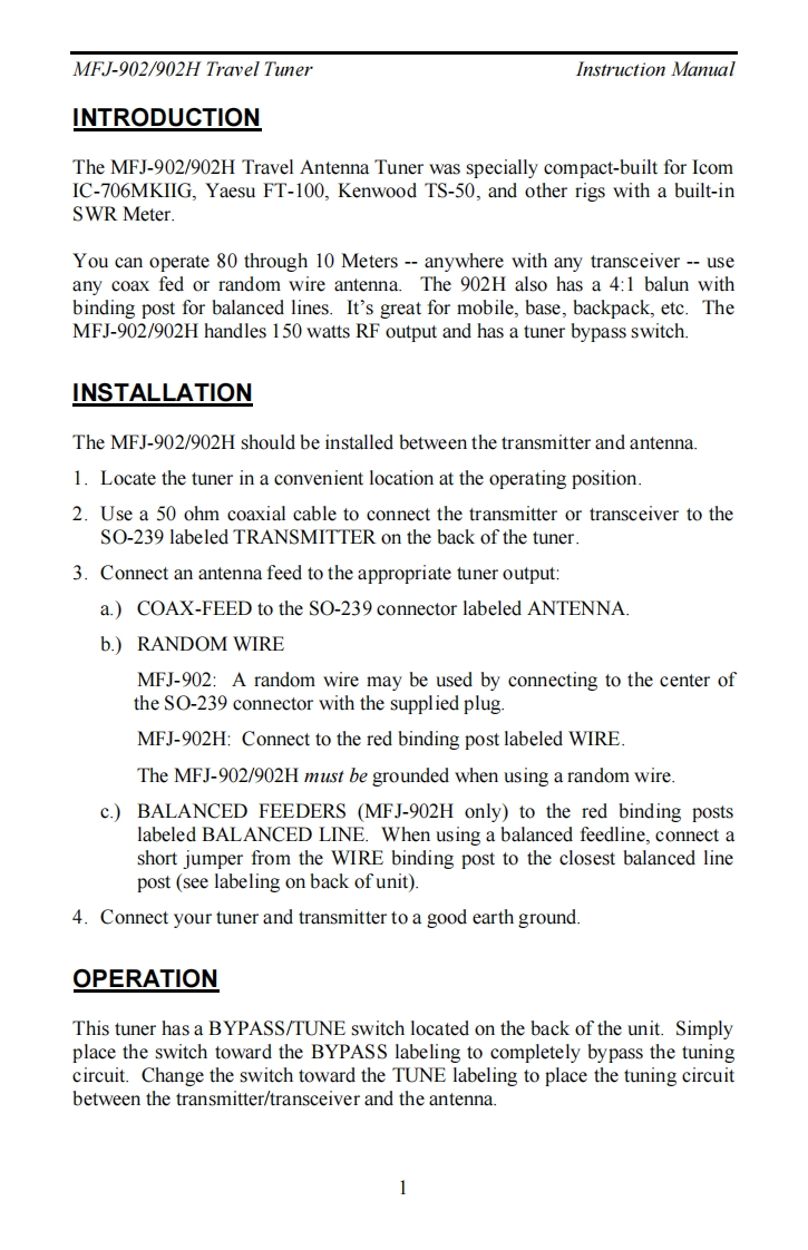MFJ-902_Manual操作说明书手册