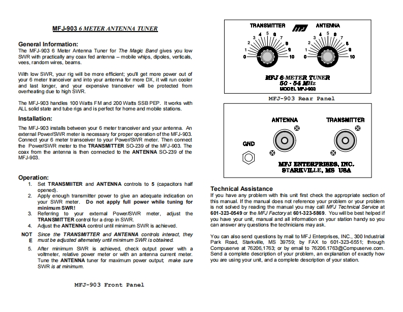 MFJ-903_Manual操作说明书手册