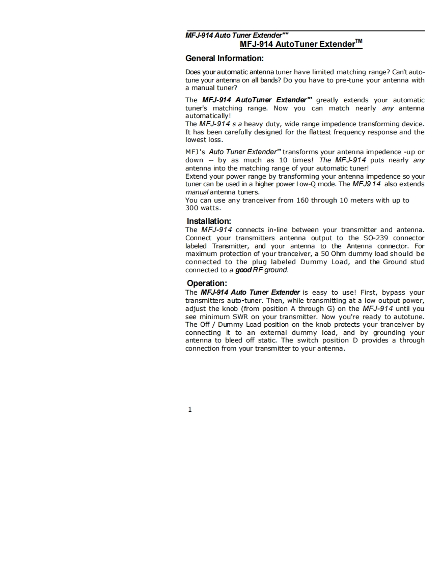 MFJ-914_Manual操作说明书手册