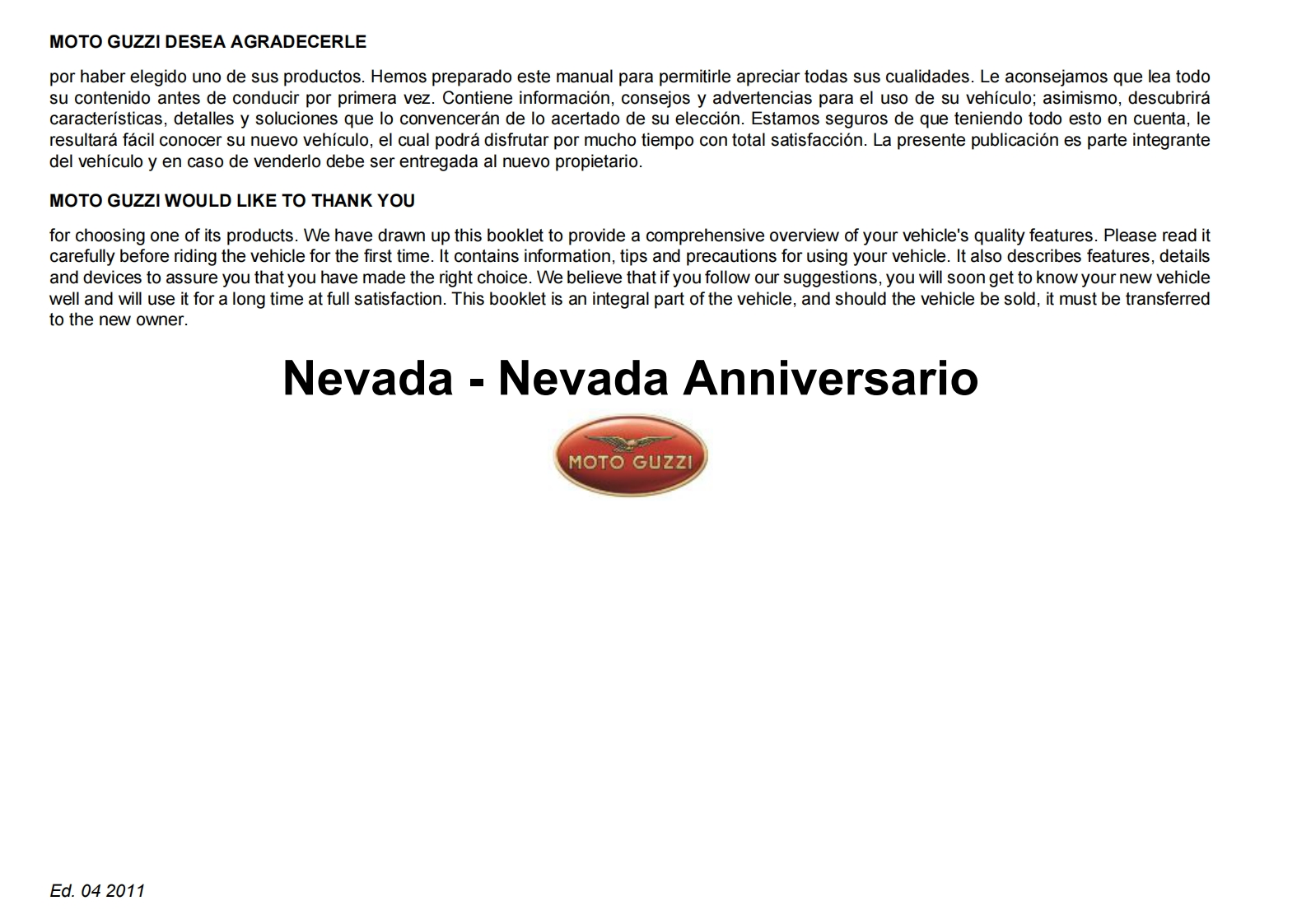 MOTOGUZZI摩托古兹摩托车Nevada-750---Nevada-750-Anniversario-Ed.01-2011-ES-EN维修操作说明书手册