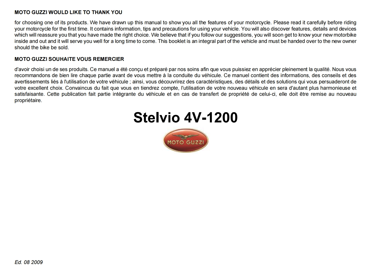 MOTOGUZZI摩托古兹摩托车Stelvio-1200-4V-USA-CDN-Ed.03-2009维修操作说明书手册